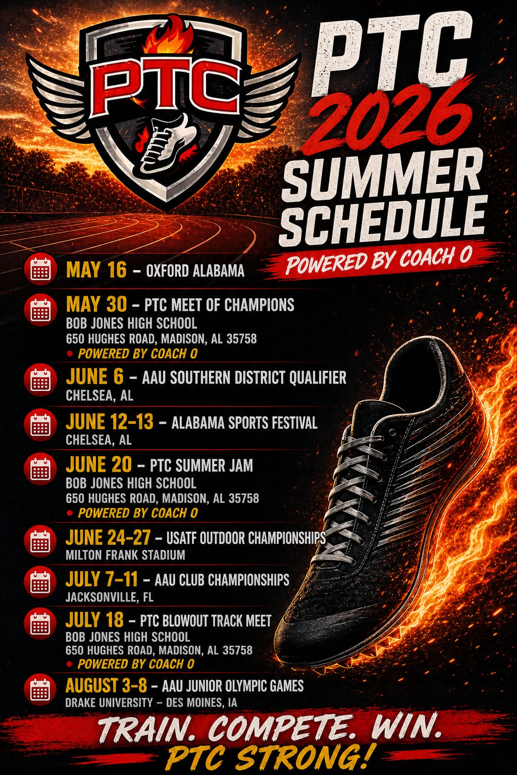 PTC 2026 summer schedule flyer
